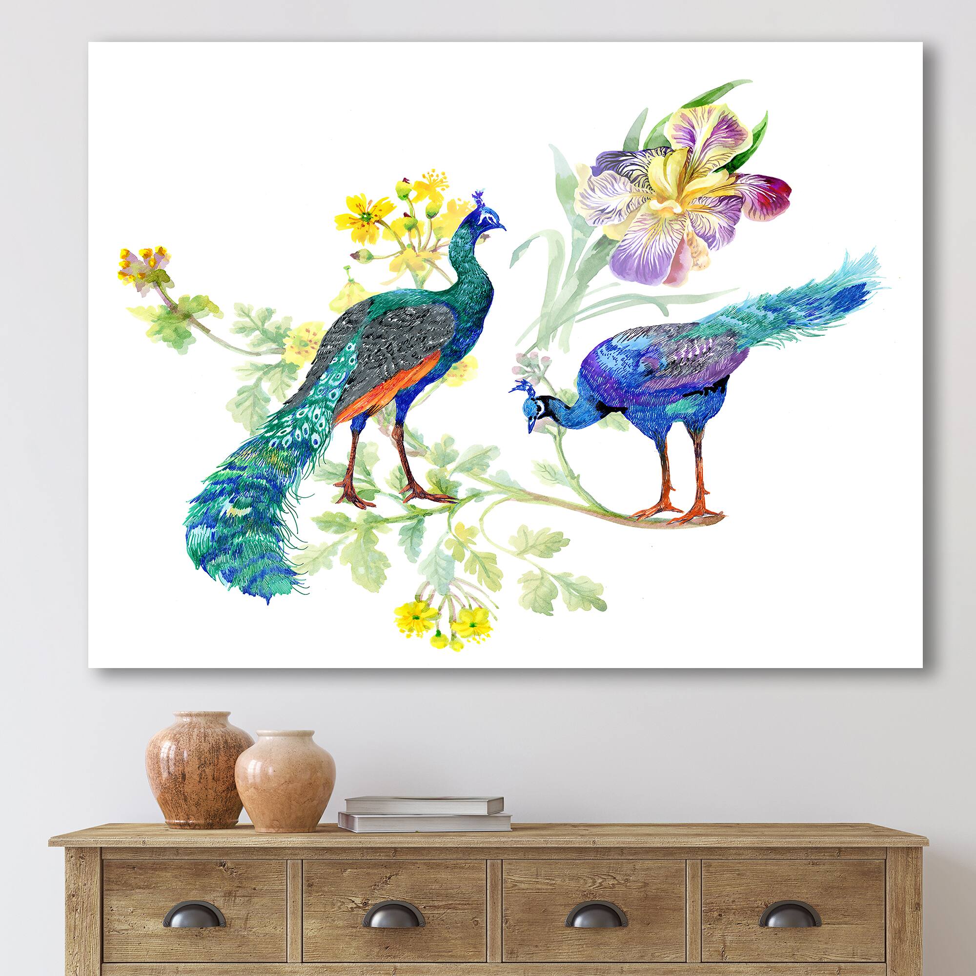 Designart - Peacocks and Iris Flowers